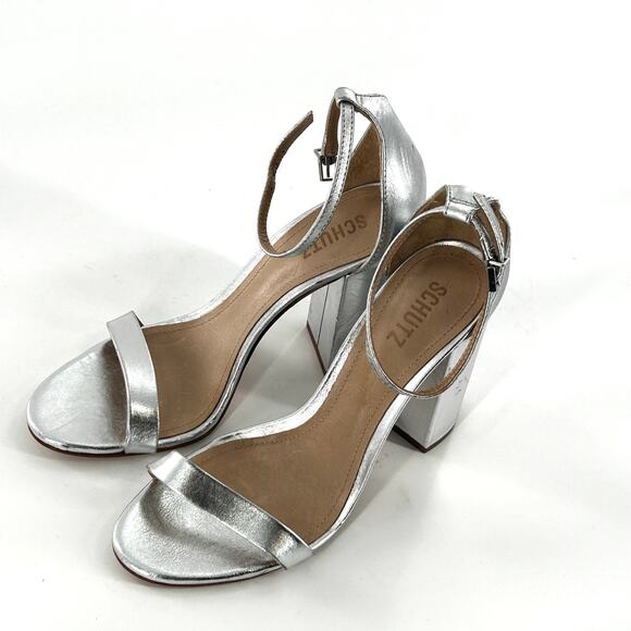 Schutz Cadey Lee Ankle Strap Heels 9.5 Silver Leather NWOT Sandals Block Heel - Picture 8 of 9